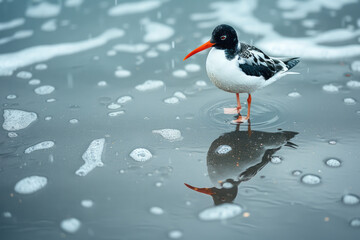 Aufkleber - A photograph of an oystercatcher probing the sand for shellfish, its bright red beak contrasting sha