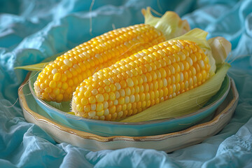 Poster - A photograph of corn on the cob rolled in yellow paint and then across a blue canvas, mimicking a su