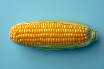 Poster - A photograph of corn on the cob rolled in yellow paint and then across a blue canvas, mimicking a su