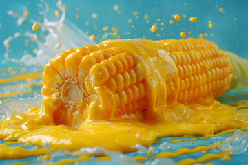 Poster - A photograph of corn on the cob rolled in yellow paint and then across a blue canvas, mimicking a su