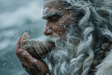 Poster - A photograph of Triton, the merman messenger of the deep sea, blowing his conch shell to calm the wa