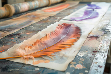 Poster - A scene capturing the process of using bird feathers to transfer ink to watercolor paper, creating a