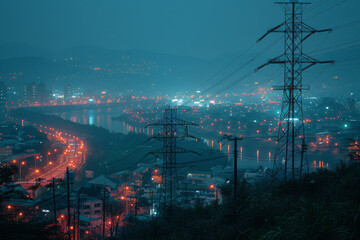A scene at dusk where the lights of a city are powered by electricity from a distant hydroelectric s