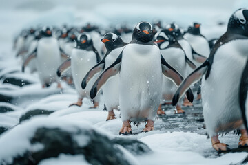 Poster - A scene capturing the quirky sight of a group of penguins waddling along an icy landscape, their soc