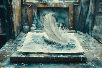 Poster - A scene capturing the process of using bird feathers to transfer ink to watercolor paper, creating a