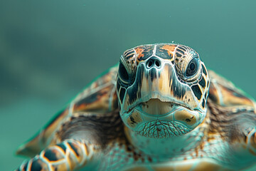 Wall Mural - A close-up of a sea turtle gracefully swimming past the camera, its shell patterned with the scars o