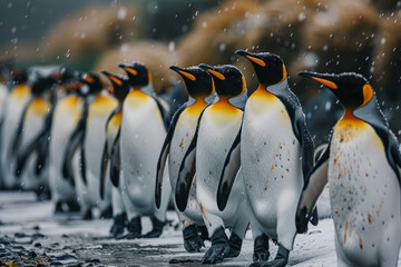 Poster - A scene capturing the quirky sight of a group of penguins waddling along an icy landscape, their soc