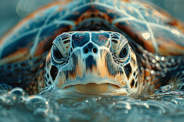 Aufkleber - A close-up of a sea turtle gracefully swimming past the camera, its shell patterned with the scars o