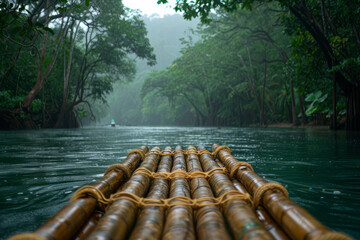 Aufkleber - A scene depicting a handcrafted bamboo raft on a tropical river, a traditional mode of transport sti