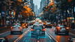 The autonomous car drives through the city.