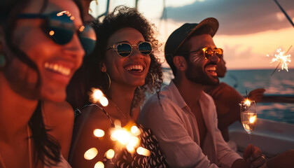 Sticker - A group of people are on a boat, enjoying a night out with champagne