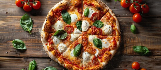 Wall Mural - Pizza Topped With Cheese and Tomatoes on Wooden Table