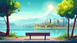 Vacant tropical urban embankment with mountain skyline with city park bench on street. Modern urban landscape with city park bench, downtown building, river, and resort.