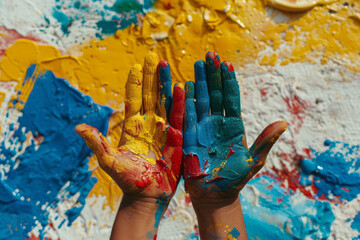 Poster - An image of hands covered in colorful paints, pressing against a stark white wall, creating a vibran