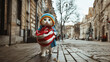 a human-like white cat dressed in a blue jacket, carrying a striped bag, walking confidently on a cobblestone street