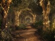 A forest path is lit up with fairy lights, creating a magical and enchanting atmosphere. The trees are illuminated, casting a warm glow on the path and surrounding foliage