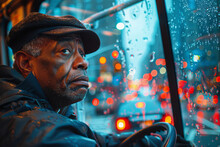 A Photograph Of A Bus Driver At The Wheel, Navigating Through City Streets, The Mirror Reflecting Th