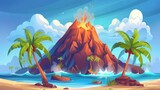 Fototapeta  - Tropical volcano island in sea cartoon modern landscape background. Exotic volcanic island with palm tree forest in ocean water. Beautiful green seaside coast nature on sunny day.