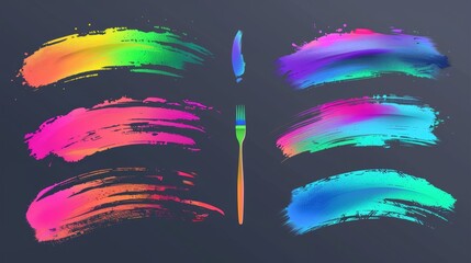 Poster - An abstract collection of multicolored gradient brush strokes isolated on a transparent background. A modern realistic illustration of abstract colorful spots, blurry rainbow ink splashes,