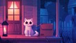 The homeless cat sits on the front porch of a house at night. This modern illustration shows a white kitten waiting for a new master next to the house door. Evening lights shine in the windows.