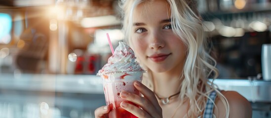 A young woman enjoys a milkshake at a cafe