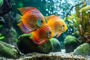 Elegant discus swimming in lush aquascape aquarium