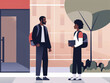 Illustration of a mentor talking to a school kid outside of a classroom, under a tree.