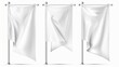 3D white pennant blank wave flag mockup modern. Realistic fabric canvas banner on pole isolated. Label for branding decoration on chrome pillar.
