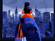 Illustration of a woman gazing at a city skyline at dusk, wearing headphones and carrying shopping bags.