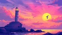 A Lighthouse On Rocky Cliff Of An Island In The Sea Or Ocean At Sunset On A Backdrop Of Pink And Purple Gradient Sky With Clouds. Cartoon Modern Landscape With Seagulls And A Retro Light Beacon