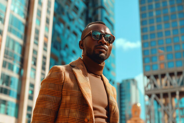 Wall Mural - African-American fashionable luxurious man in the city, copy space of a man wearing a plaid jacket and sunglasses stands in front of a tall building