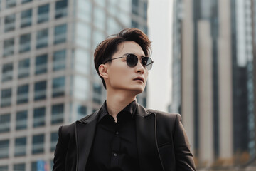 Wall Mural - Luxurious fashionable Corean Asian man in the city, copy space of a man in a black suit and sunglasses stands in front of a tall building