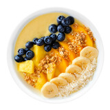 Fototapeta Mapy - Healthy pineapple, mango smoothie bowl with coconut, bananas, blueberries and granola isolated on a white background