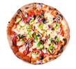 Wood fired pizza with pepperoni, mushrooms, green peppers and red onions isolated on a white background