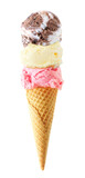 Fototapeta Mapy - Triple scoop ice cream cone isolated on a white background. Chocolate heavenly hash, vanilla and strawberry flavors in a waffle cone.