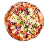 Fototapeta Mapy - Wood fired pizza with pepperoni, mushrooms, green peppers and red onions isolated on a white background