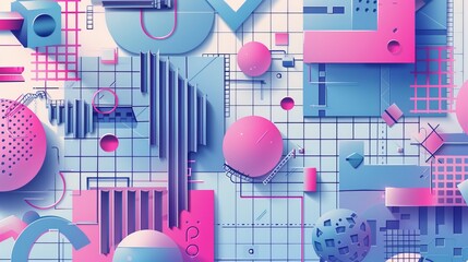 Poster - This design template features grid and bitmap pixel abstract shapes and surfaces in pink pastel color.