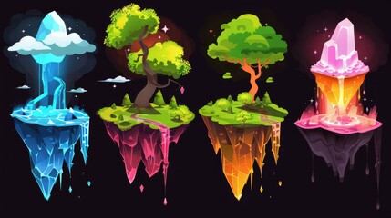 Wall Mural - Floating islands isolated on black background with volcano eruption, summer park with trees and river, pink mineral crystals, game design, modern cartoon illustration.