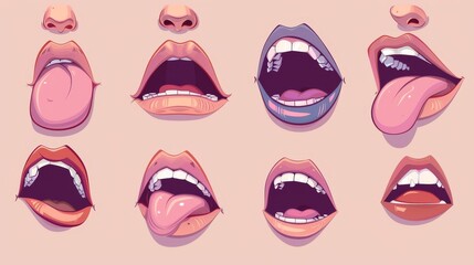 Wall Mural - Animation kit with young female character mouth and tongue positions during talking and pronunciation of english alphabet.
