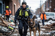 Search and rescue team, dog handler leading a well-trained K9 amidst crumbled buildings