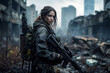 Post-apocalyptic scenery, survivalist woman, foraging among the ruins, focused and alert