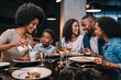 © Digital Dreamscape - A heartwarming scene of a family dinner, with a mother pouring cream into coffee in a stylish urban restaurant, full of smiles and togetherness.