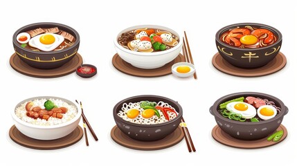 Traditional Korean food collection with cartoon modern illustrations in bowls and chopsticks. Oriental style meals of soups and noodles, meat and eggs, vegetables and spices on plates.