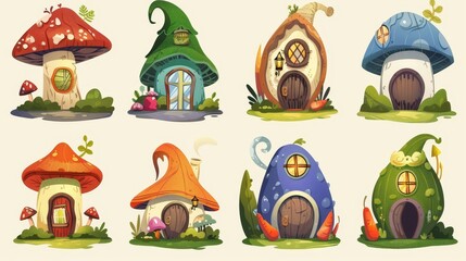 Wall Mural - Cute cartoon modern set of fantasy elf tiny home made from mushrooms, carrots, and wood stumps. Imagine woodland or garden cottages and huts.