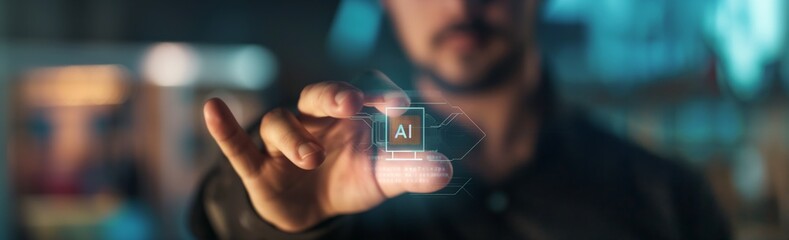 Poster - This photograph embodies the idea of interaction between humans and AI in the development of new technologies and innovations, which leads to the creation new opportunities for humanity. Wide banner