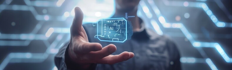 Poster - The hand holding the interactive AI processor reflects the integration of technology into our daily lives and the ability of humans to control their development. Wide banner