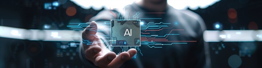 Aufkleber - This image symbolizes the transition to a future where the development of AI technologies capable of self-improvement solves many of today's problems. Wide banner