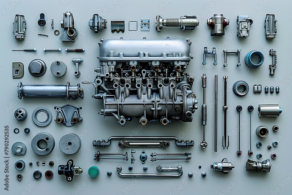 One car engine surrounded by disassembled car engine parts and details ...