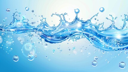 Wall Mural - Clean water flowing with bubbles and drops. Water background with realistic aqua splashes. Pure liquid drink flowing from the bottom up. Modern illustration.