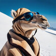 portrait of a camel in winter clothes and glasses on a mountain slope